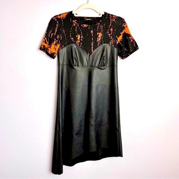 Zara Faux Leather Shirt Dress Small Black Orange Splatter Asymmetrical Mix Media - Picture 1 of 15